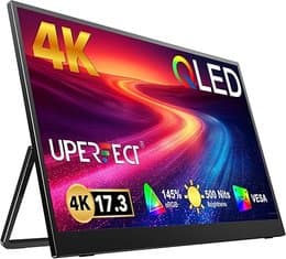UPERFECT 17.3'' 4K Portable Monitor QLED, 500 Nits 145% sRGB UHD FreeSync HDR 2 Speakers Eye Care Travel Monitor, 2 Fully Functional Type-C Port & HDMI for Laptop PC Phone, VESA & Stand