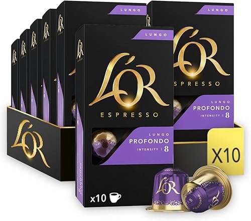 L'OR Espresso Lungo Profondo Coffee Pods x10 Intensity 8 (Pack of 10, Total 100 Capsules)