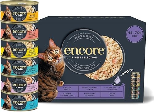 Encore 100 percent Natural Adult Wet Cat Food, Chicken and Fish Selection Bulk Pack in Broth 70 g Tins (Total of 48 Tins)
