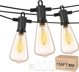 ZOTOYI Outdoor String Lights Mains Powered 150FT, Waterproof IP65 Festoon Lights Outdoor with 60+3Pcs Vintage Bulbs, Shatterproof Garden Lights for Backyard Outside Patio Party Pergola Wedding
