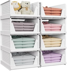SNSLXH 8 Pack Stackable Closet Storage Boxes, Multifunctional & Foldable Closet Organizer for Bathroom Kitchen Laundry Room Wardrobe Storage, Space-Saving Wardrobe Drawer Organizer, White