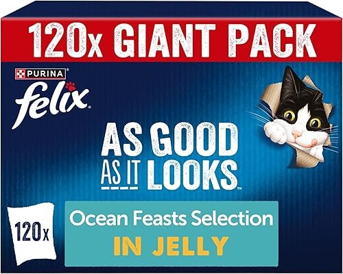 FELIX As Good As it Looks Adult Wet Cat Food Ocean Feasts in Jelly Plaice, Salmon, Tuna, Cod 120 x 85g Pouches