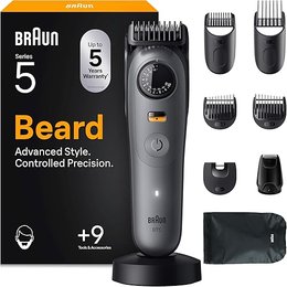 Braun Beard Trimmer Series 5, +9 Styling Tools, Ultra Sharp Blade, 120 Min Runtime, 40 Lengths, Waterproof, PrecisionWheel & Lock, BT5565, Grey