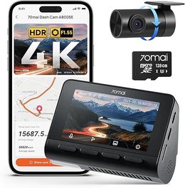 70mai A800SE Dash Cam Car Front Rear 4K UHD+1080P with GPS WiFi, Dual Car Camera with 128GB SD Card, F1.55 Aperture HDR, Night Vision, ADAS, 3 "IPS, 24/7 Parking Monitoring, Supports 512 GB Max