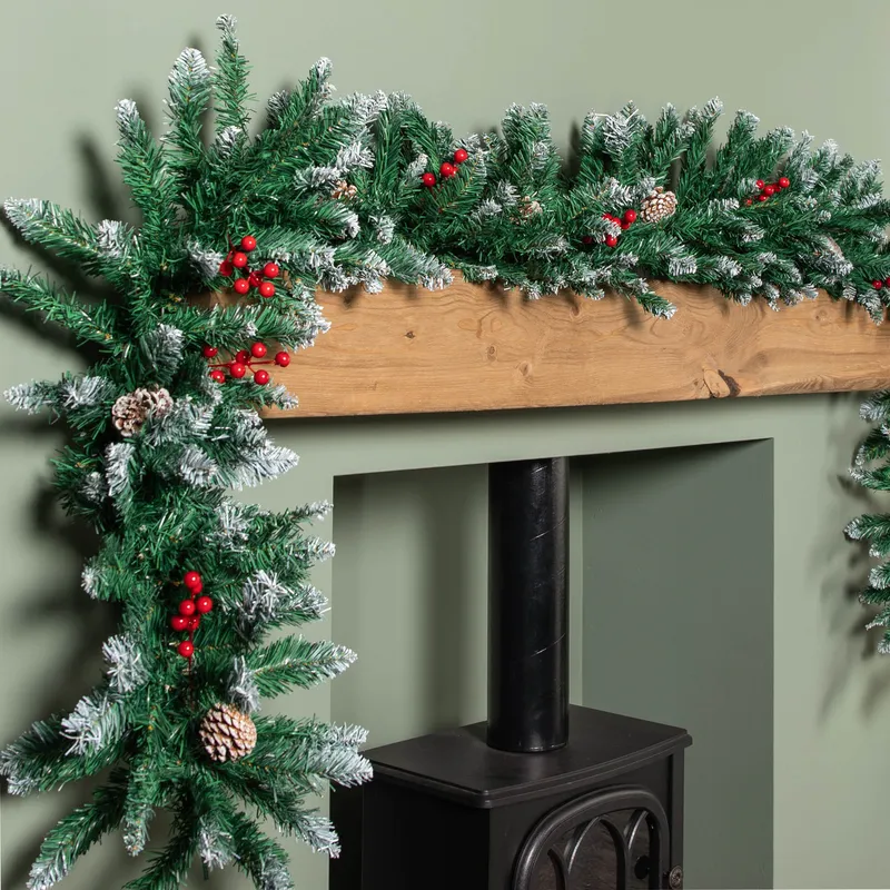 1 2.7m Snow Tipped Christmas Garland with Red Berries, Cones & Bullet Tips