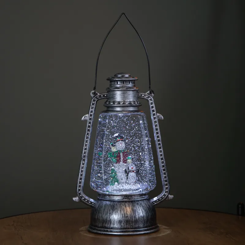 1 24cm Dual Powered Light up Silver Antique Lantern Christmas Water Spinner with Snowman Scene