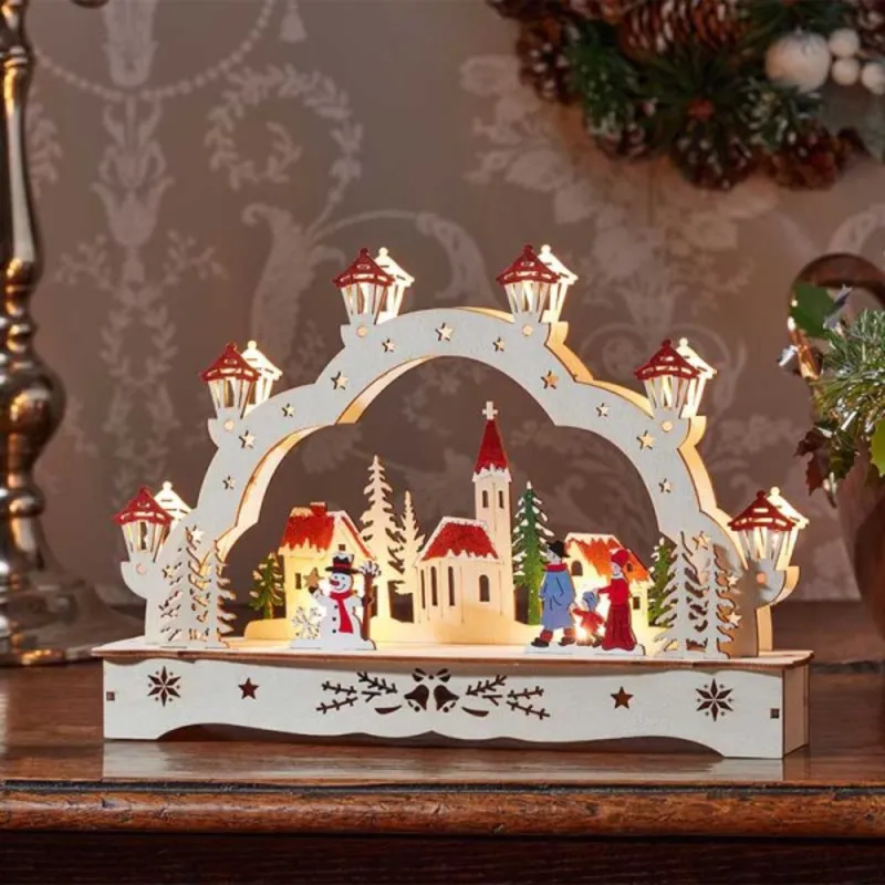 1 28cm Battery Operated Wooden Christmas Festive Village with LEDs