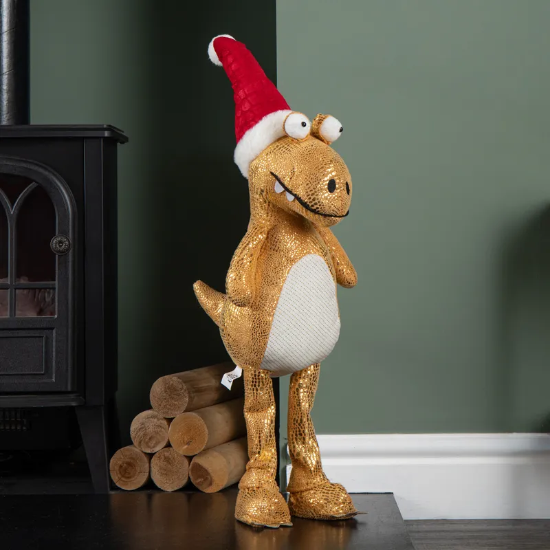 1 70cm Tall Gold Plush Santa-Saurus Dino Standing Christmas Decoration with Santa Hat
