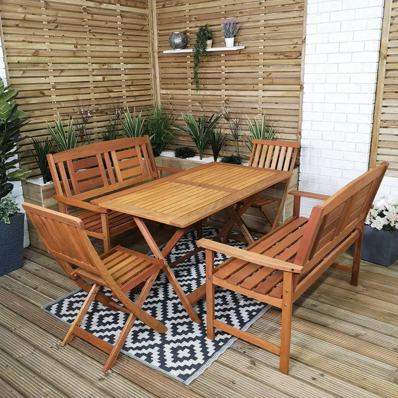 Samuel Alexander 6 Person Folding Wooden Garden Dining Table Chairs & 2 Benches in Brown Brown