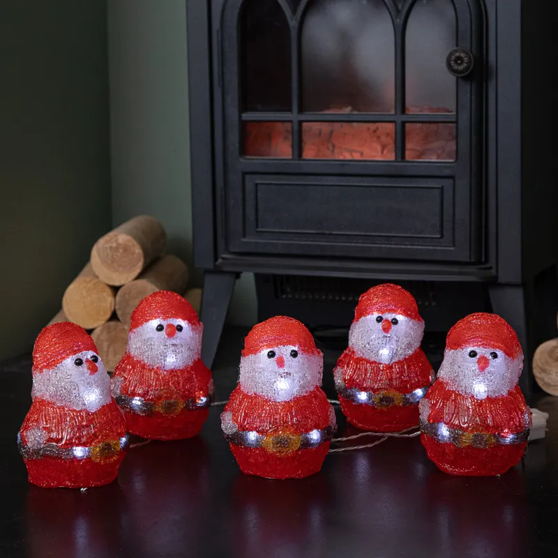 14cm Set of 5 Battery Operated Light up Christmas Santa Ornaments with 40 Cool White LEDs