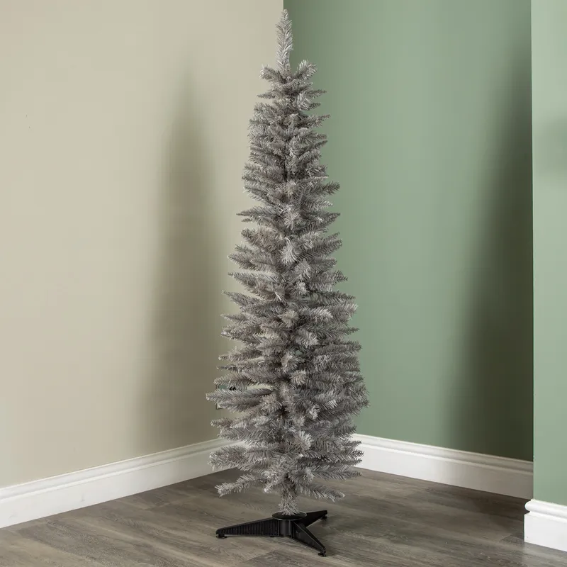 Snowtime - Wrapped Pencil Pine Christmas Tree - Grey - 5ft - 150cm