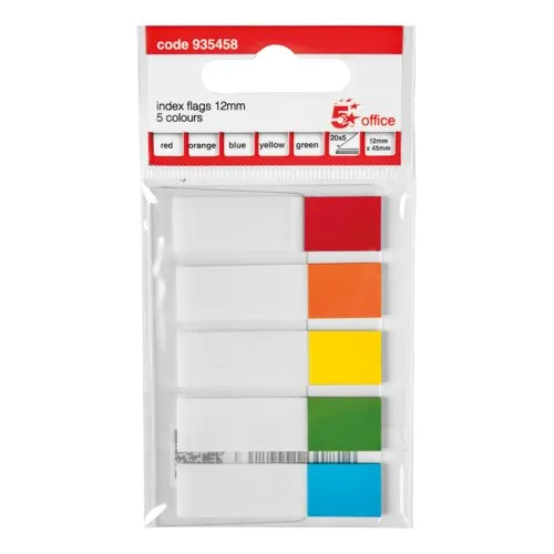 5 Star Office Index Flag 5 Bright Colours 12x45mm 5 Packs of 20