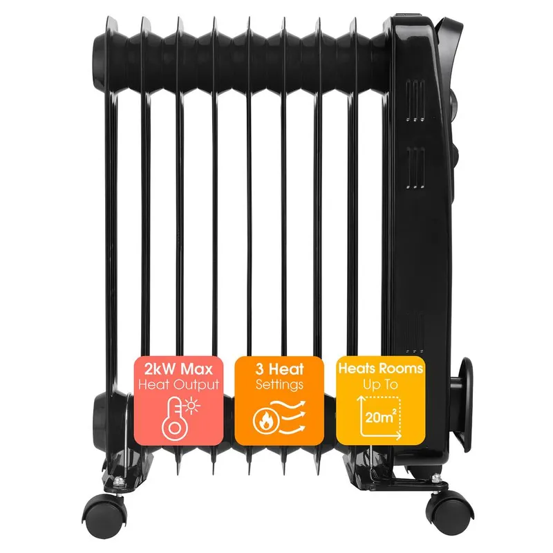 Abode Electric Heater 2000W 9 Fin Oil Filled Radiator Portable AOFR9003 in Black Black