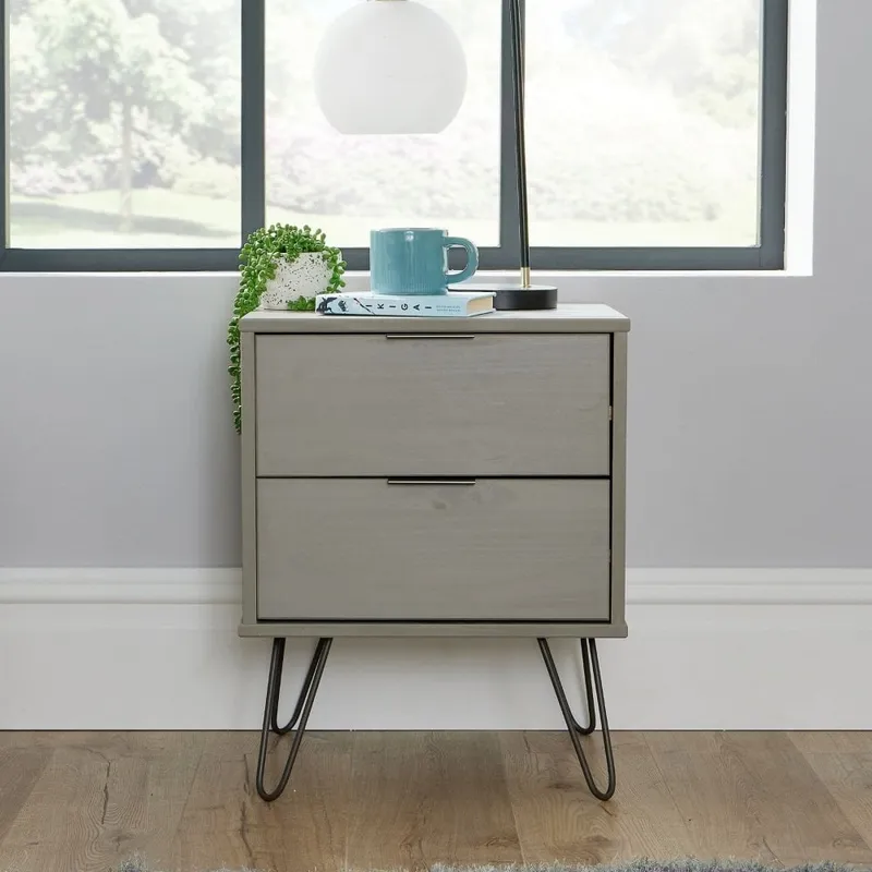 Acadia Solid Pine & Metal 2 Drawer Bedside - Grey