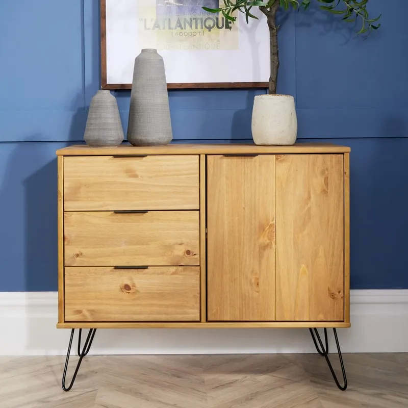 Acadia Solid Pine & Metal 3 Drawer Cupboard