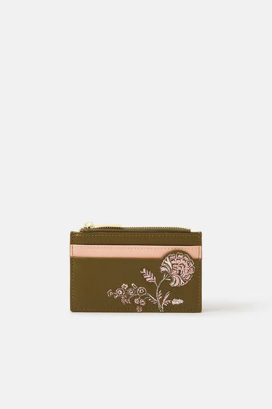 Accessorize Women's Floral Embroidered Card Holder in Green - Green