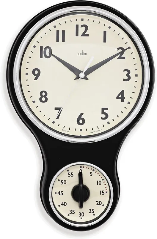 Acctim Kitchen Time Wall Clock Timer Quartz Retro Style Domed Glass Lens 20cm in Black Black