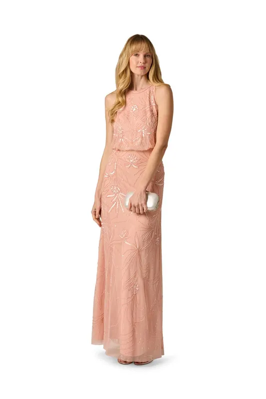 Adrianna Papell Women's Bead Blouson Long Dress in Pink Size: 8 - Pink