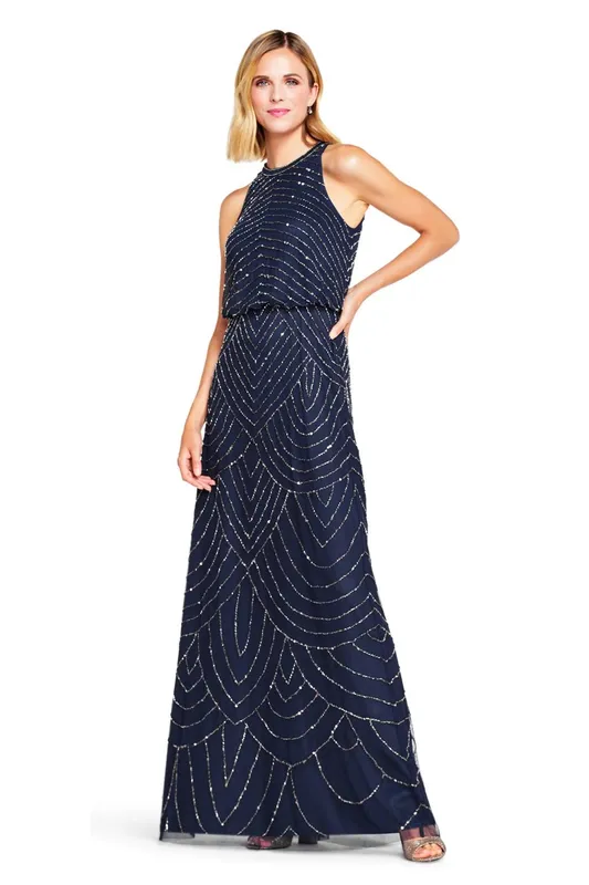 Adrianna Papell Women's Beaded Halter Gown in Navy Size: 6 - Navy