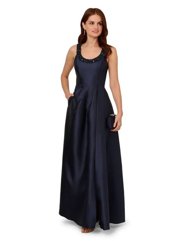 Adrianna Papell Women's Beaded Mikado Gown in Navy Size: 14 - Navy