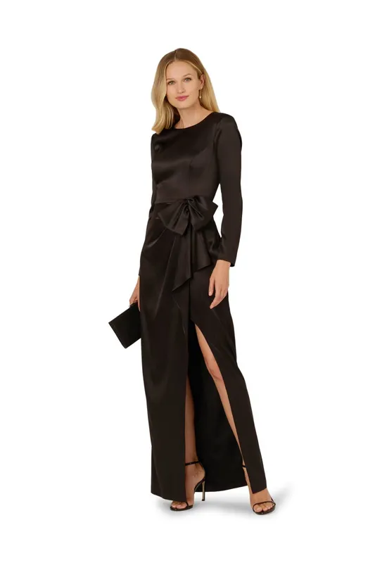 Adrianna Papell Women's Stretch Satin Ruffle Gown in Black Size: 8 - Black