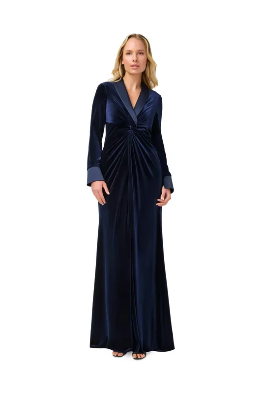 Adrianna Papell Women's Velvet Tuxedo Gown in Navy Size: 6 - Navy