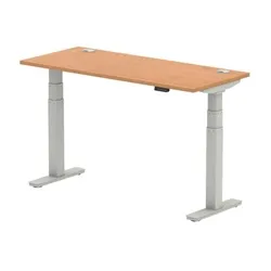 Air 1400 x 600mm Height Adjustable Desk Oak Top Cable Ports Silver Leg