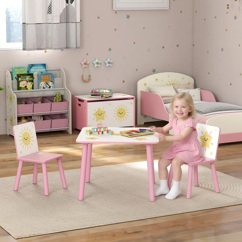 Aiyaplay 3-Piece Kids Table with 2 Chairs Set for Bedroom, Nursery in Pink Pink