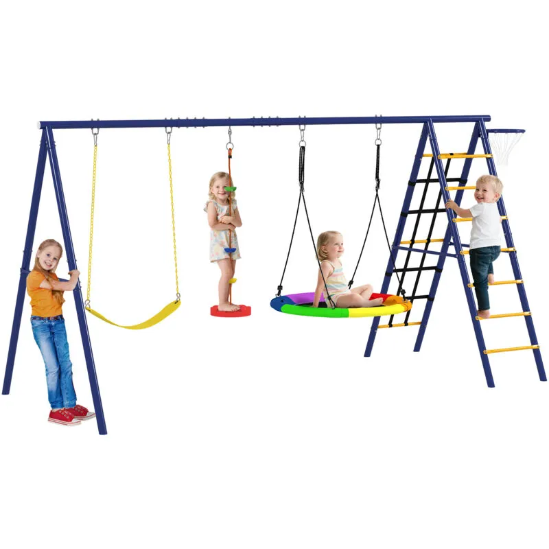Aiyaplay 6 in 1 Kids Swing Set with 3 Swings, Climbing Net and Ladder