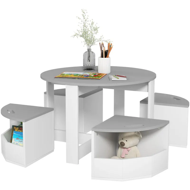 Aiyaplay - Five-Piece Kids Table and Chairs Set w/ Storage for 3-8 Years, Grey