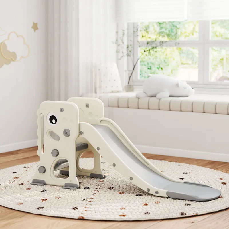 Aiyaplay Foldable Kids Slide with Climber, Basketball Hoop, Cream White Cream