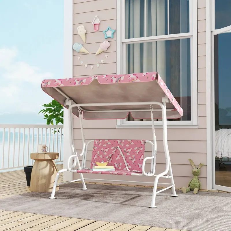 Aiyaplay Kids 2-Seater Porch Swing with Seat Belts, Adjustable Canopy Pink Size: 2 Seater Pink 2 Seater