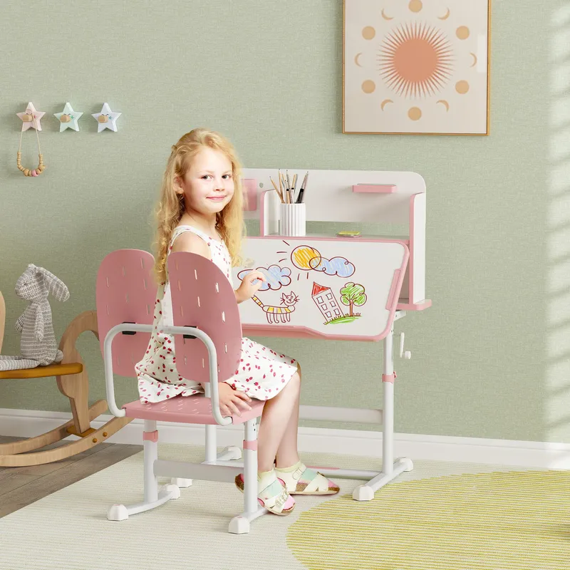 Aiyaplay Kids Desk and Chair Set w/ Tiltable Desktop, Reading Rack, Pink