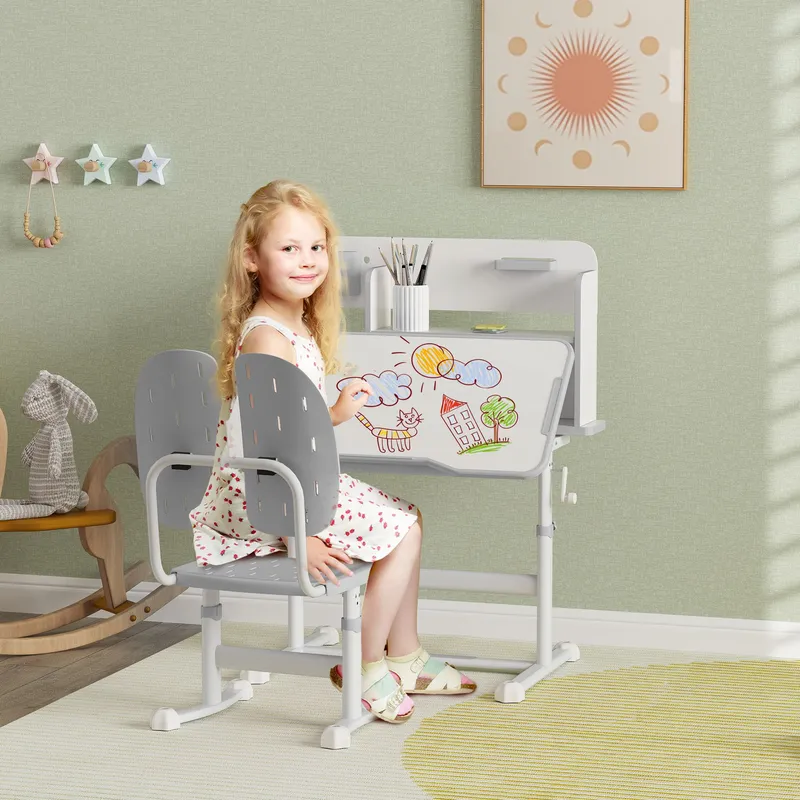 Aiyaplay Kids Desk & Chair Set w/ Tiltable Desktop, Reading Rack in Grey Grey