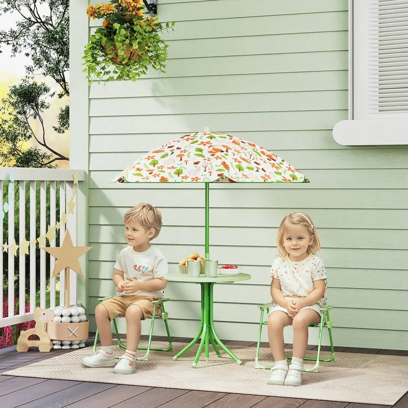 Aiyaplay Kids Garden Table & Chair Set, Outdoor Patio Set w/ Parasol in Green Green