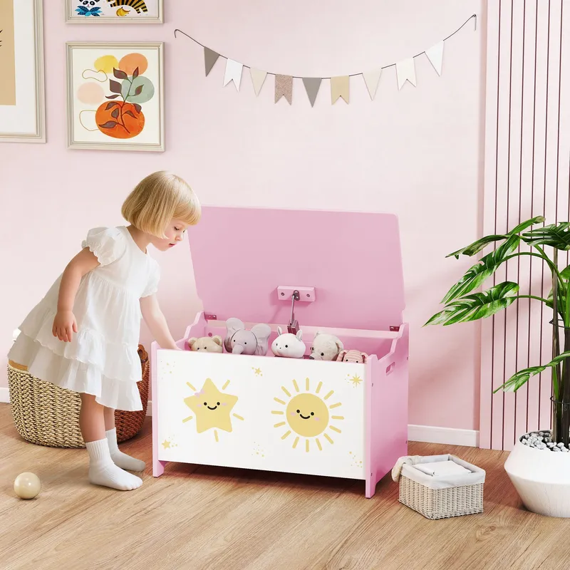 Aiyaplay Toy Box with Lid, Safety Hinges for Kids, Nursery, Bedroom in Pink Pink