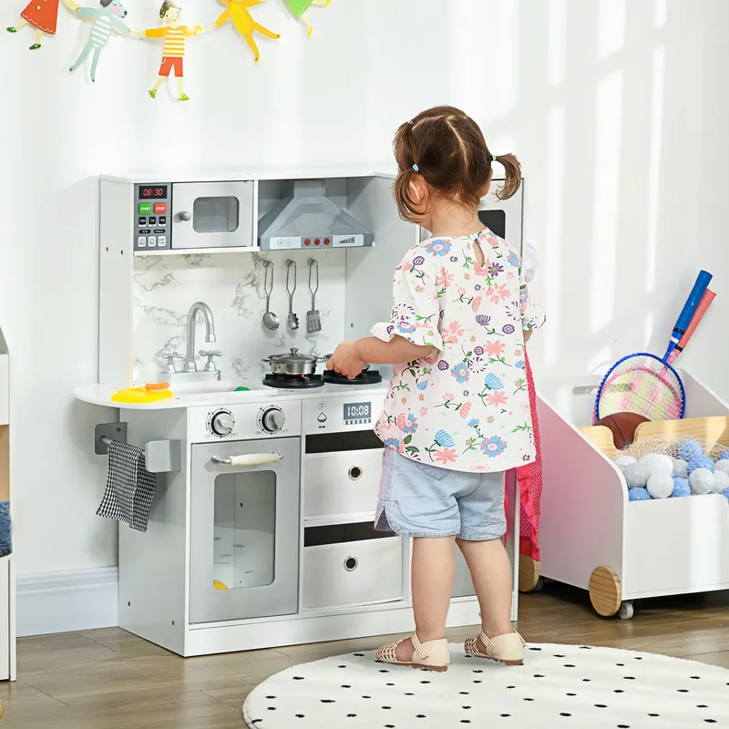 Aiyaplay Toy Kitchen Playset with Light, Sound, Apron & Hat, Microwave in White White