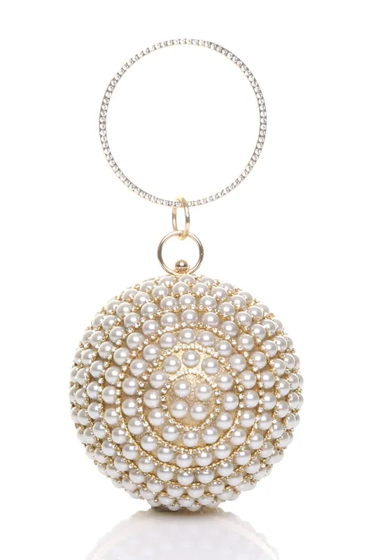 Ajvani Women's Diamante Pearl Evening Party Spherical Ball Bag in Gold - Gold