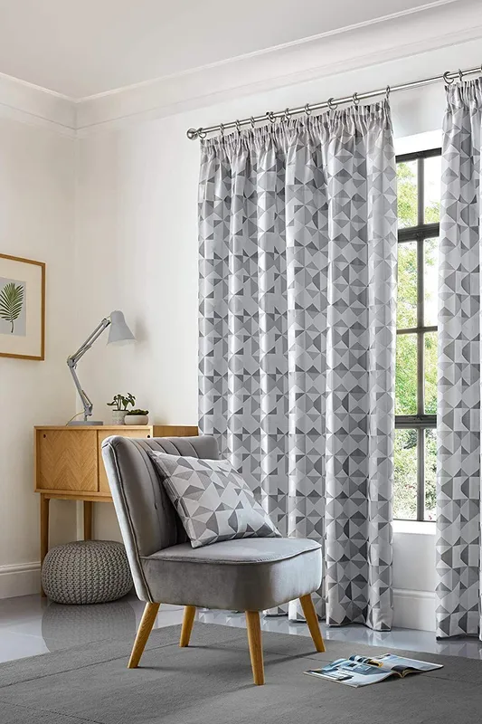 Alan Symonds Skandi Geometric Jacquard Fully Lined Taped Curtains in Silver Size: 117 cm width x 137 cm drop Silver 117 cm width x 137 cm drop