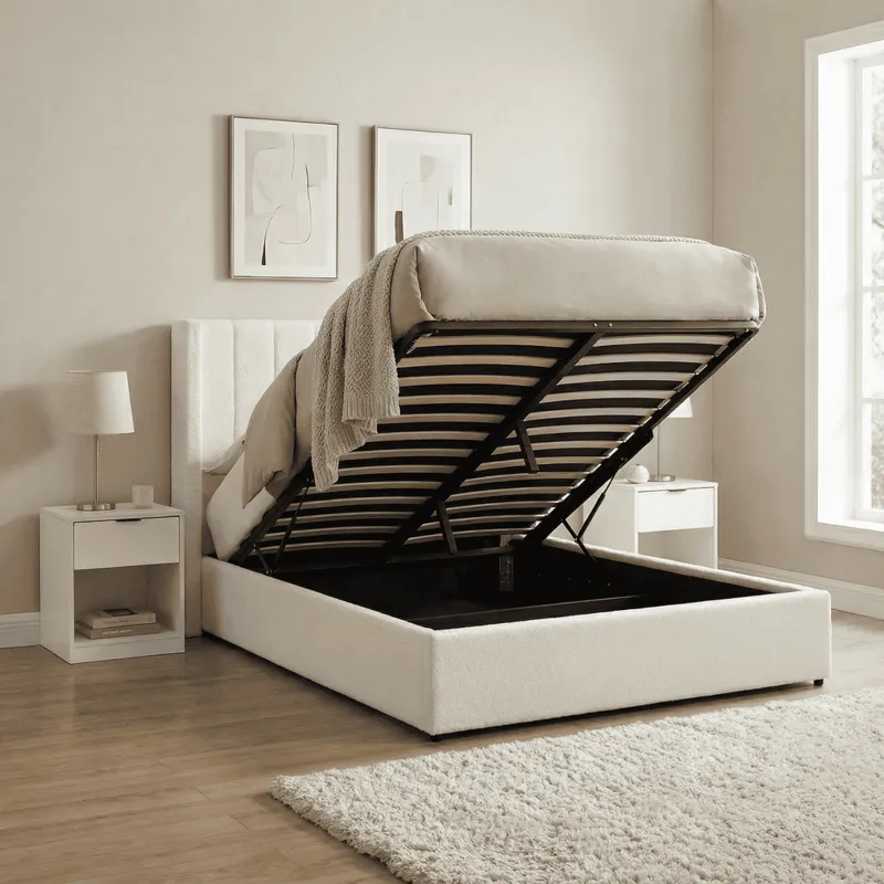 Alix Ottoman Storage Bed with Fluted Headboard - Boucle White King