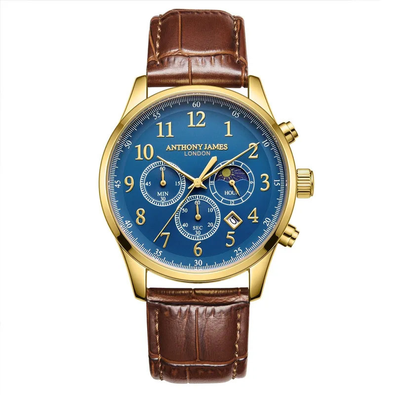 Anthony James Men's Hand Assembled Moonphase Chronograph Gold Blue Watch Blue One Size