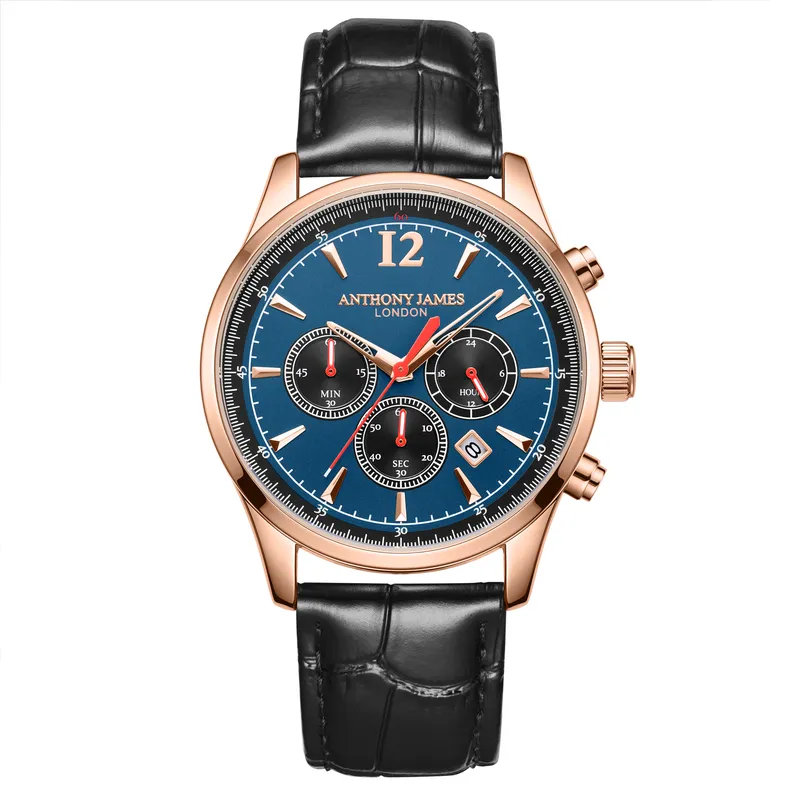 Anthony James Mens Hand Assembled Classic Chronograph Rose Blue Leather - One Size