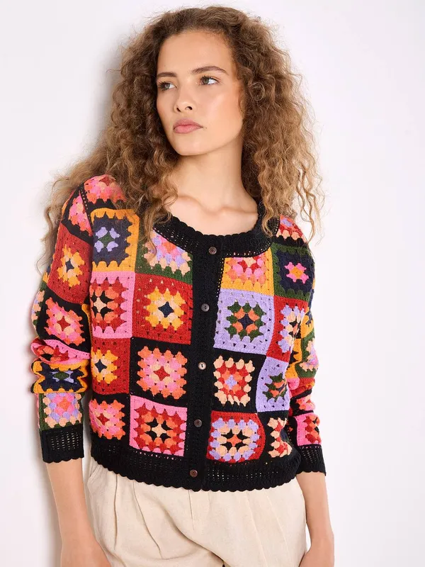 Apricot Women's Colourful Crochet Squares Cardigan in Black Size: 14 Black 14 female