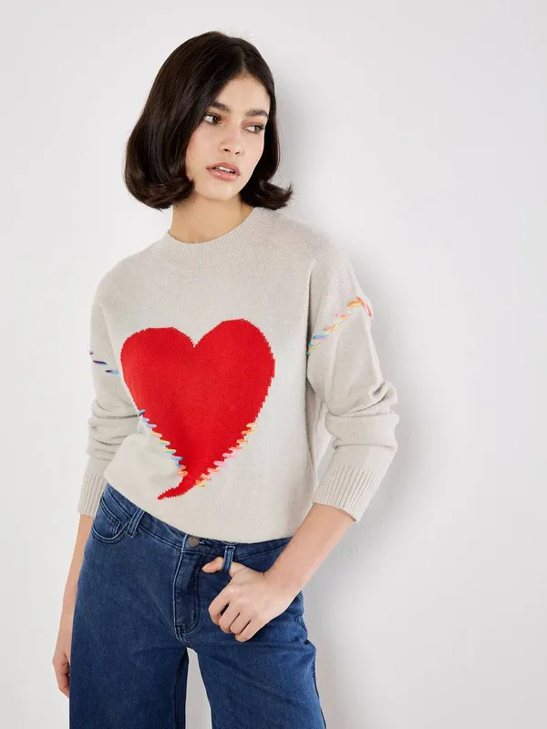 Apricot Women's Colourful Stitch Heart Jumper in Stone Size: 14 - Stone - Size: 14
