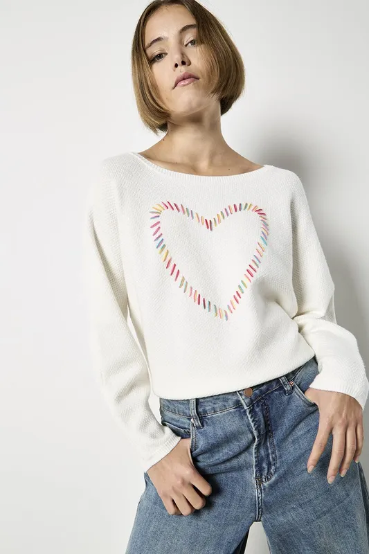 Apricot Women's Colourful Stitched Heart Jumper in Cream Size: 10 - Cream - Size: 10