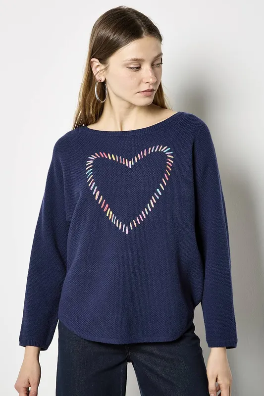 Apricot Women's Colourful Stitched Heart Jumper in Navy Size: 12 Navy female