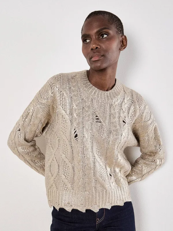 Apricot Women's Distressed Gold Foil Metallic Cable Jumper Size: 10 Gold 10 female