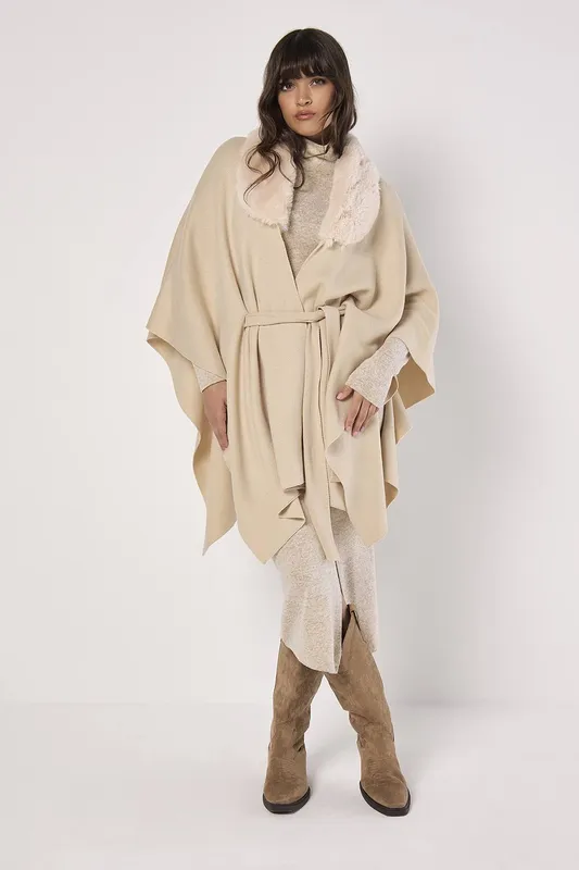 Apricot Women's Faux Fur Collar Poncho in Stone Stone female