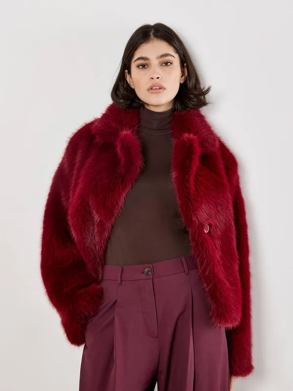 Apricot Women's Faux Fur Short Coat in Burgundy Size: 14 - Burgundy