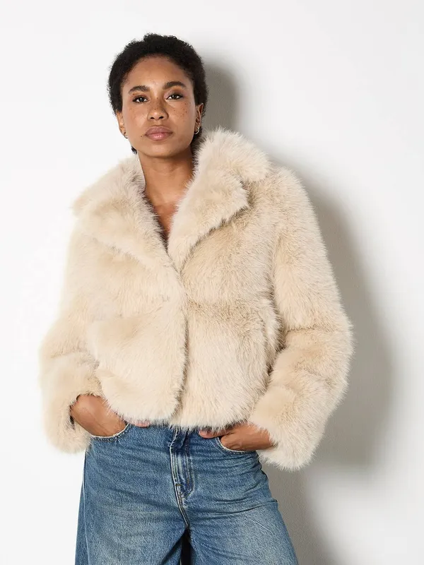 Apricot Women's Faux Fur Short Coat in Cream Size: 16 Cream 16